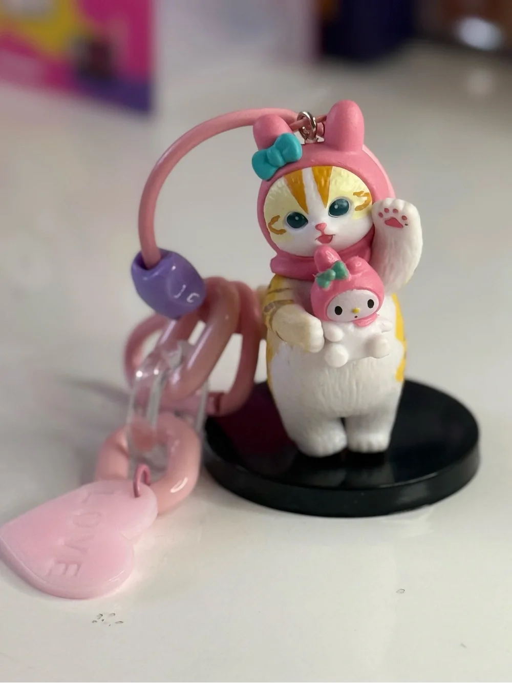 Pink mofusand Figurine Keychain with Bow and Mini Doll